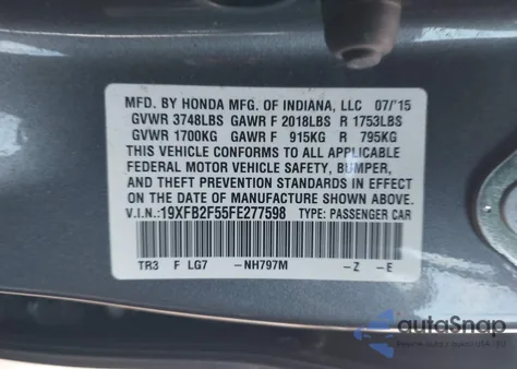 2015 Honda Civic Lx z USA, uszkodzony, nr VIN 19XFB2F55FE277598